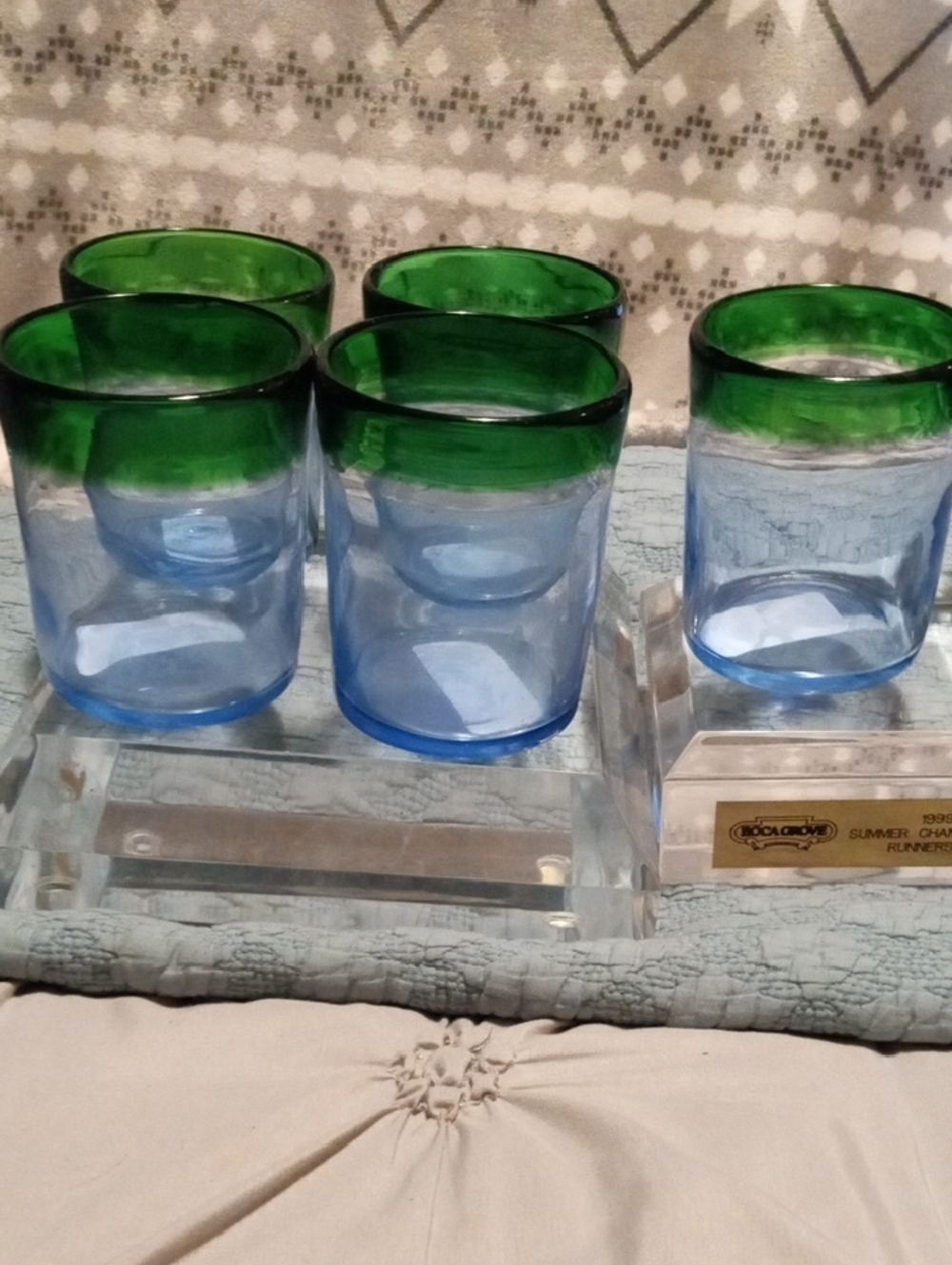 Hand-Blown Blue Glass Tumbler with Green Rim - Set of 5
